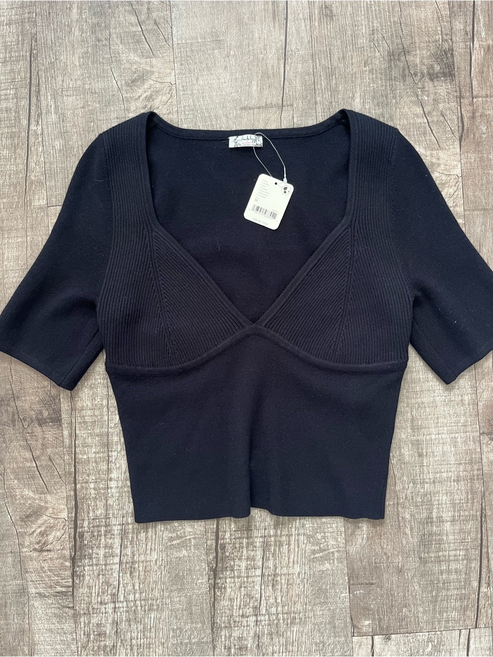 Free People Black Short Sleeve Ribbed V-Neck Crop Top